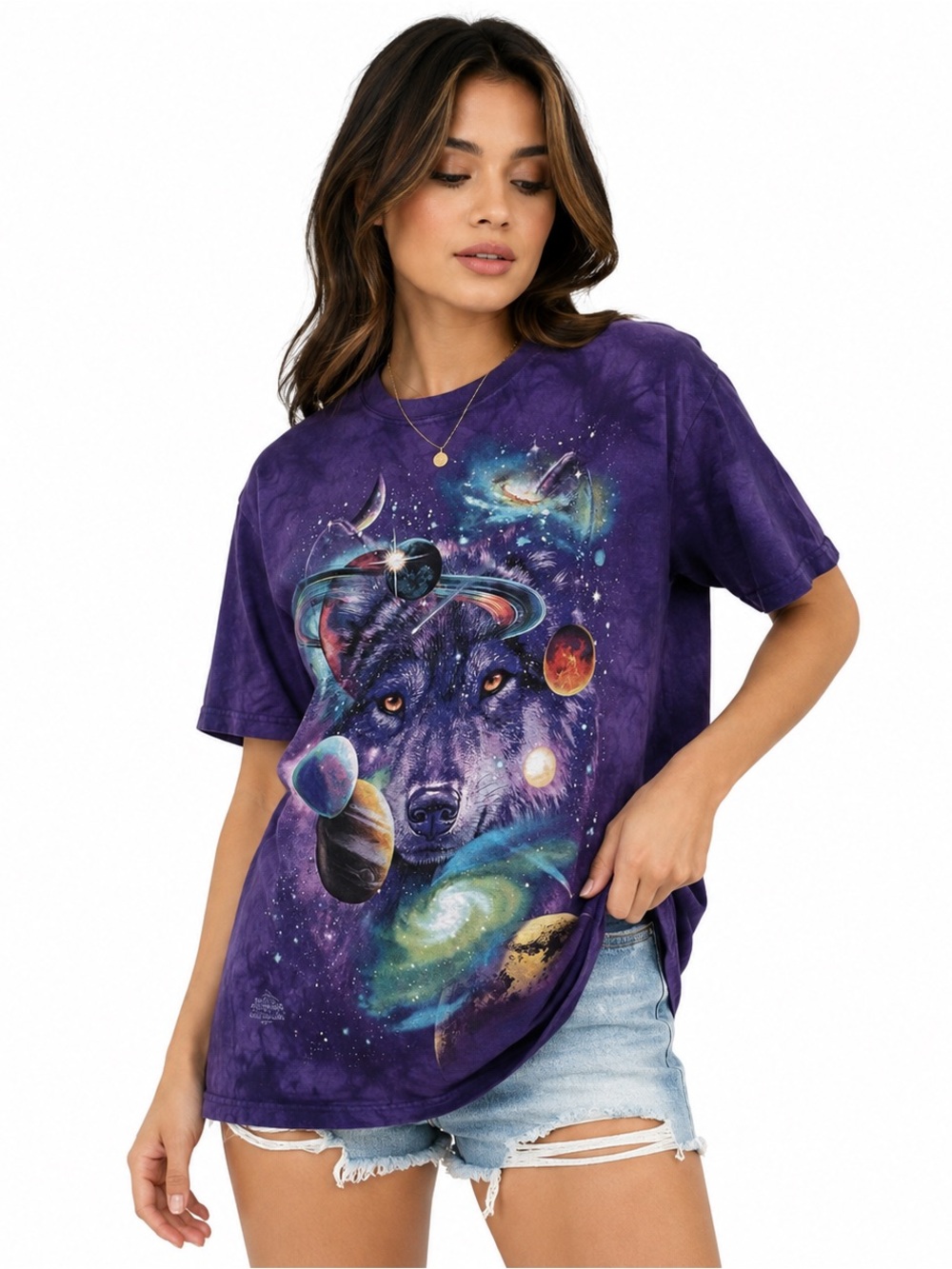 The Mountain Wolf of the Cosmos Purple Tie Dye Graphic T-Shirt Small